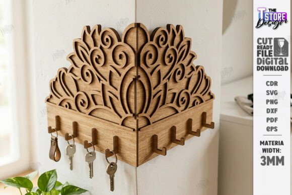 3D Wooden Corner Key Holder Laser Cut - Download Now
