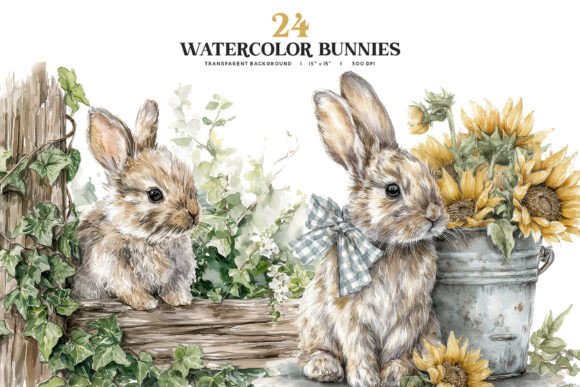 Watercolor Bunny Clipart PNG Set - Download Now