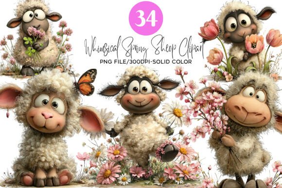 Whimsical Spring Sheep Clipart - Download Now