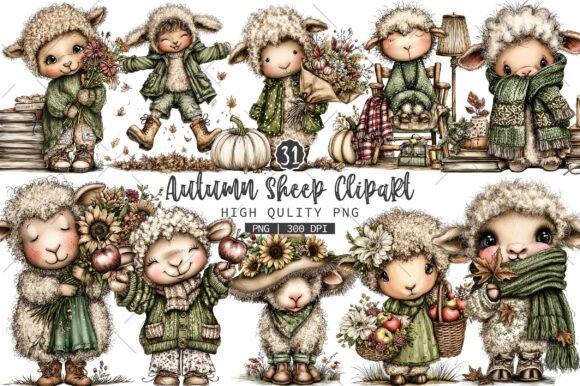Whimsical Autumn Sheep Clipart - Download Now
